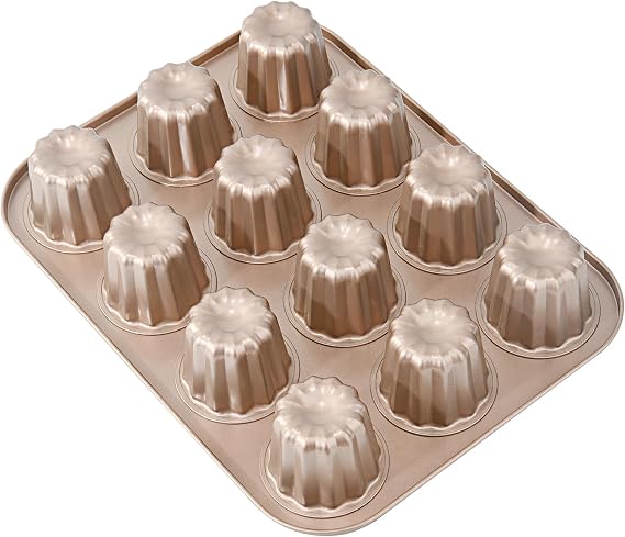 12-Cavity Canele Mold, Non-Stick Carbon Steel Baking Cake Pan, Dishwasher Safe, Gold