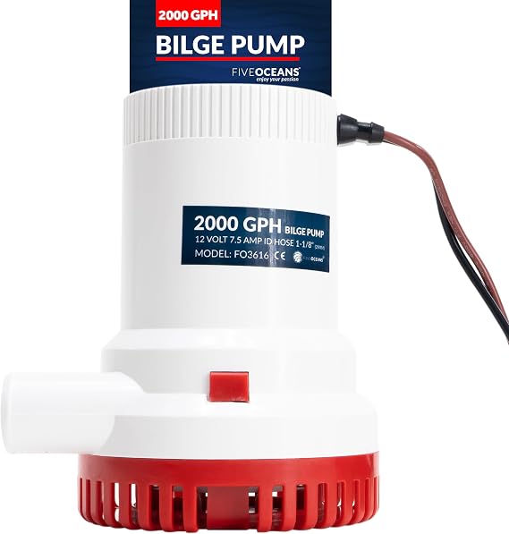 Five Oceans 2000 GPH / 7571 LPH Bilge Pump, 1-1/8" (29mm) Interior Diameter Hose, 41-Inch 14-Gauge Wire - FO3616