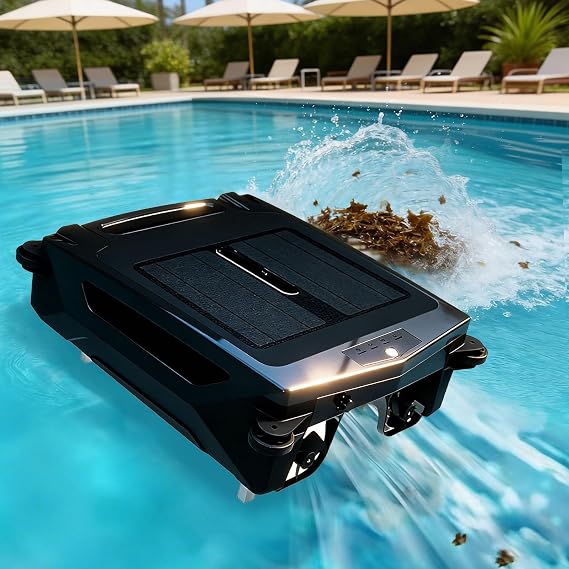 Solar Pool Skimmer Robot, IPX7 Waterproof with Large Capacity Debris Basket, Intelligent Route Planning & Smart Obstacle Avoidance for All Pool Types