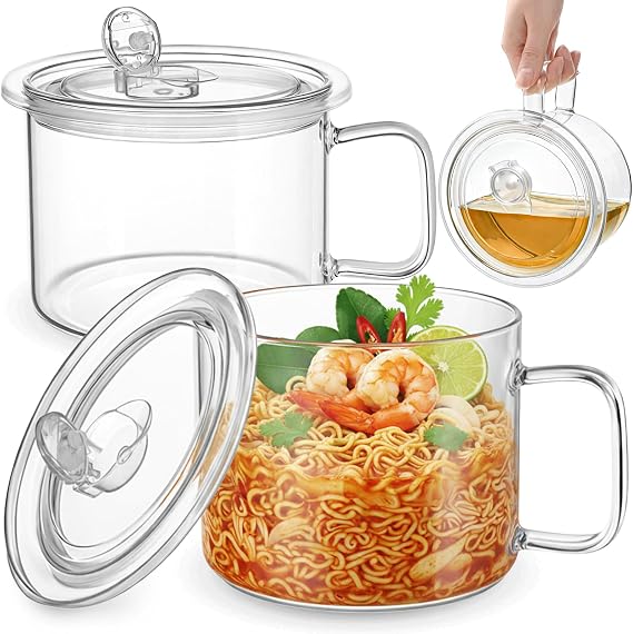 Eorbow 2 Pack 45 FL OZ Glass Ramen Bowls, Microwavable Soup Bowl with Handle, Leak-proof French Onion Soup Mugs with Lid, Large Soup Crocks for Noodles, Cereals, Oatmeal