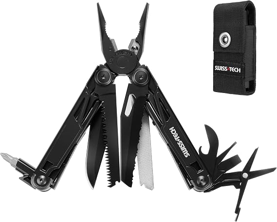 SWISS+TECH Multi-functional Pliers Outdoor Multi-Tool Multi-Plier 16-in-1 with Locking Function Cutter Saw Screwdriver Measuring Tape Bottle Opener File with Pouch Outdoor DIY Mountain Climbing