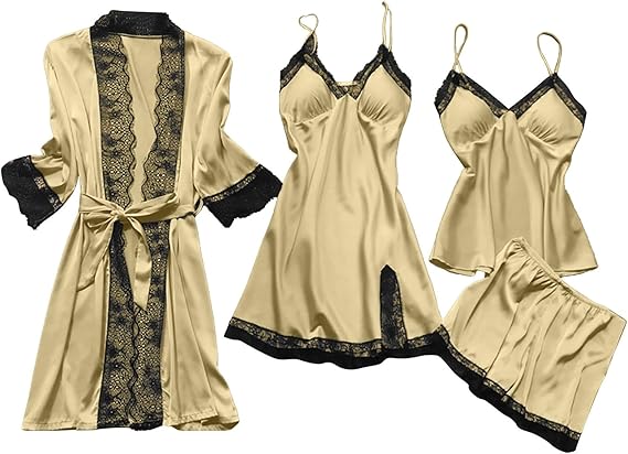 BOXIACEY Women's Silk Satin Pajamas Set 4Pcs Lingerie Robe Babydoll Stain Sleepwear Lace Cami Top and Shorts Pajama Set