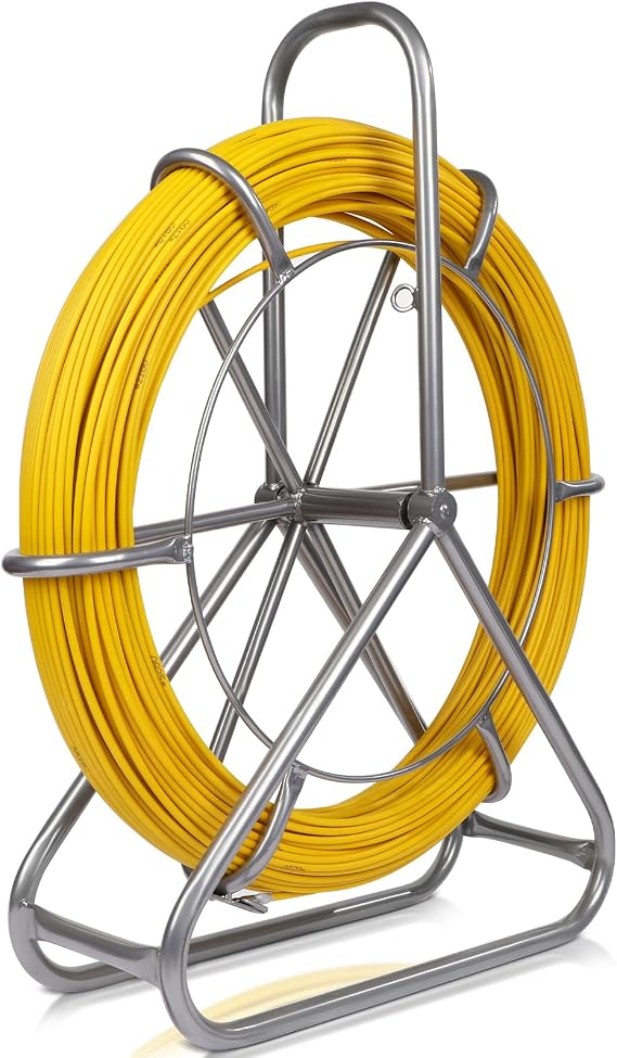 Dollate Fish Tape Fiberglass 6MM 425FT,Duct Rodder Fish Tape Puller Fiberglass Wire Cable Running with Cage and Wheel Stand,Durable Steel Reel Stand,Fish Tape Min Bending Radius 13inch (6mm 425Ft)