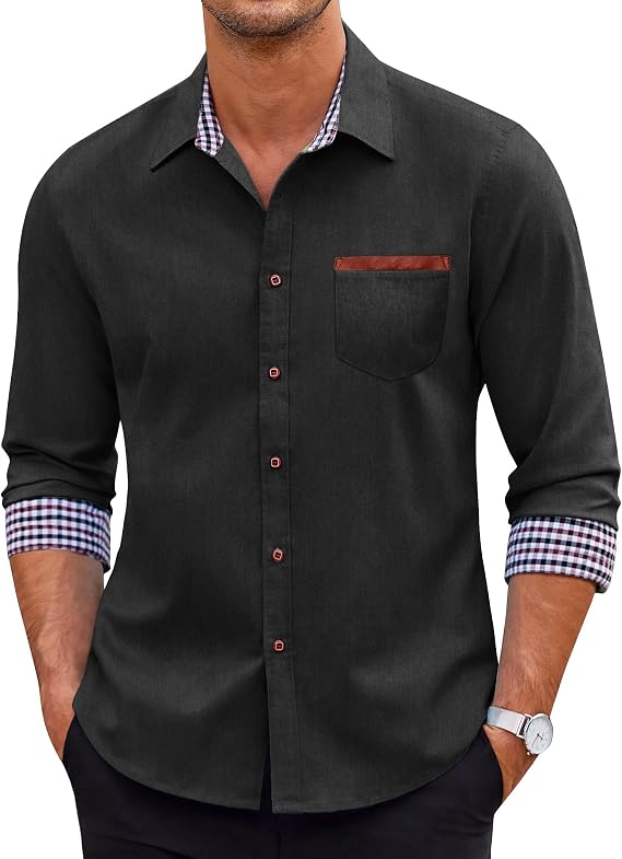 COOFANDY Men's Long Sleeve Casual Button Down Shirts Untucked Shirts Plaid Collar Vintage Denim Shirt