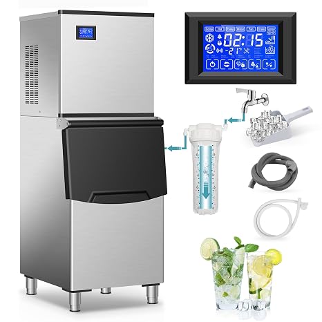 Commercial Ice Maker Machine 460Lbs/24H, Industrial Ice Machine 550 Lbs Storage Bin, 156PCS Clear Ice Cubes in 11 Mins, Freestanding Stainless Steel Ice Maker for Restaurants/Bar/Large Families