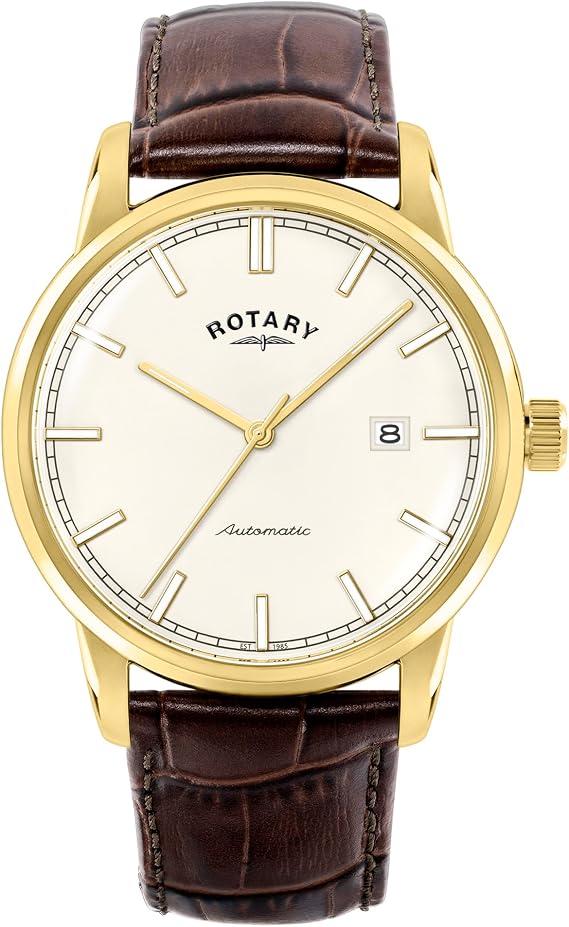 Rotary Men's Heritage Automatic Gold Plated Stainless Steel Brown Leather Strap Watch