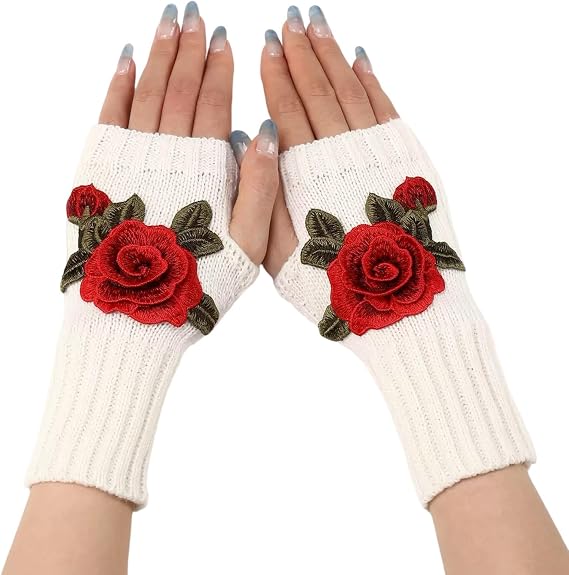 Women Rose Flower embroidery Winter Fingerless Gloves Crotch Knitted Arm Sleeves
