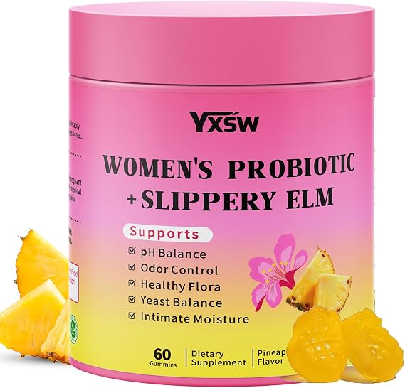 Women's Probiotics Slippery Elm Gummies, Sugar-Free Feminine Probiotics Gummies Support pH Balance, Gut Health & Immune System, Pineapple Flavor, 60 Count