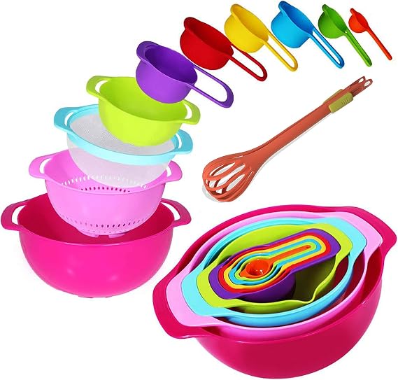 11 Pcs Mixing Bowl-Mixing Bowl Set/Plastic Mixing Bowls with Salad Bowl Egg Whisk Flour Sieve Measuring Cups Colander Strainer Stackable Storage Bowls for Kitchen, Baking Cooking,and More