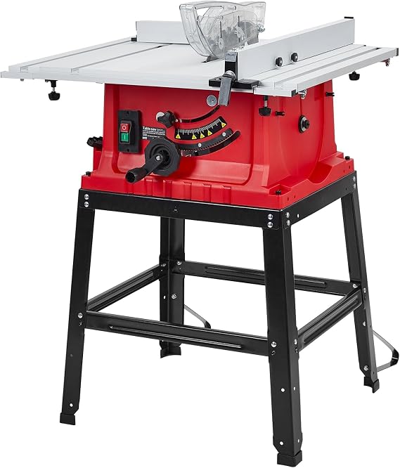 Table Saw 10 Inch, 15A Multifunctional Saw with Stand & Push Stick, 90 Cross Cut & 0-45 Bevel Cut, 5000RPM, Adjustable Blade Height for Woodworking