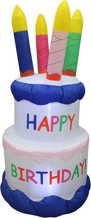 6 Foot Tall Inflatable Happy Birthday Cake with 4 Candles Outdoor Indoor LED Lights Holiday Decorations, Blow up Lighted Yard Decor, Giant Lawn Inflatable Home Garden Party Favor Decoration