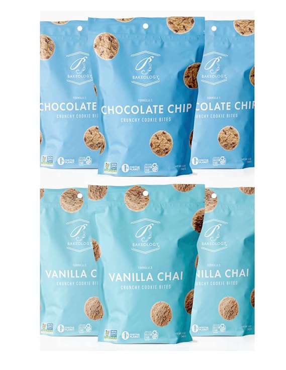 Bakeology Gluten Free Vegan Cookies | 6-5 oz Bags | 3 Bags of Each Flavor | Chocolate Chip, Vanilla Chai