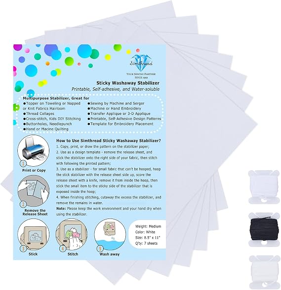 Sticky Wash Away Embroidery Stabilizer Self-Adhesive Printable 8.5" x 11" 7pcs / Pack
