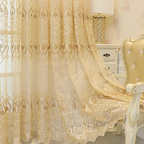 Amidoudou 1 Pair European Jacquard Sheer Curtains Embroidered Tulle Curtains Living Room Bedroom Luxury Translucent Curtains (Gold,37x84 Inch)