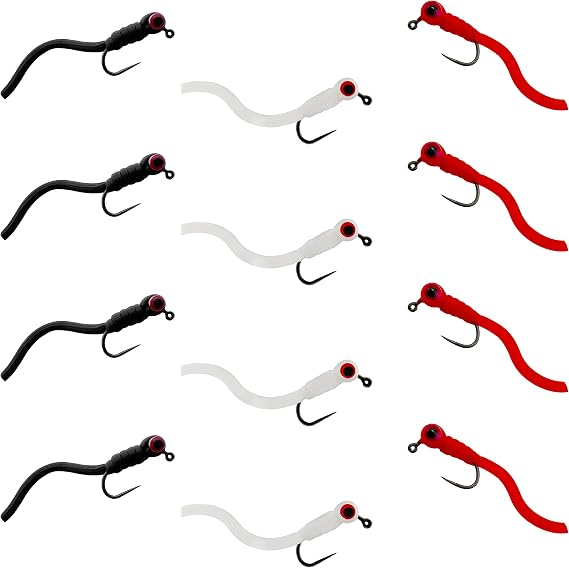 Gilbert's Squirmy Worm 12 Pc Set Red, White, Black - Wet Wormy Fly Fishing Flies for Trout and Panfish - Hook Size #10