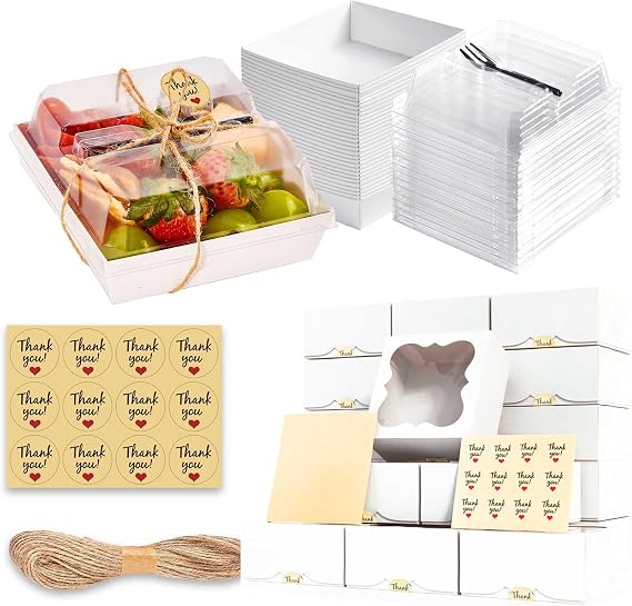 Leafiew 80 Pack Mixed Food Container Set - Square Boxes with Clear Lids and Bakery Containers (White)