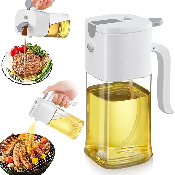 2-in-1 Olive Oil Sprayer Bottle & Dispenser, 16.9oz/500ml for Air Fryer, Salad, Cooking, BBQ - Oil Sprayer Bottle for Kitchen, Non-Stick Spray, Grill & Baking