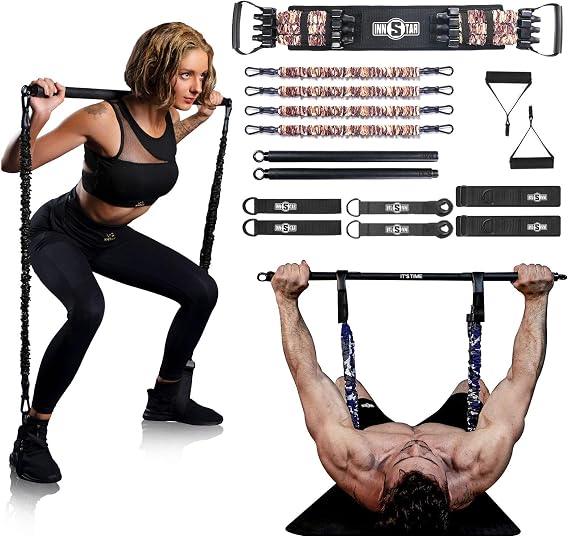 INNSTAR Portable Home Gym Set with Workout Bar, Bench Press Set, Squat Resistance Band, Door Anchor and More-Full Body Workout Equipment to Build Muscle and Shape Body