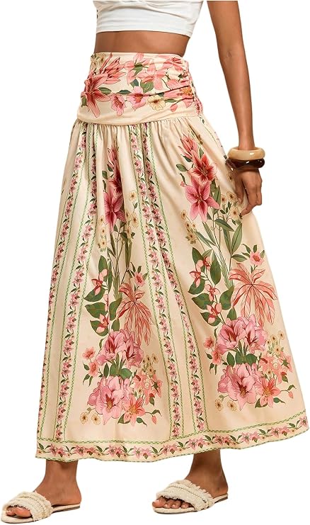 Verdusa Women's Boho Floral Print Maxi Skirt Shirred High Waisted A Line Flowy Long Skirts