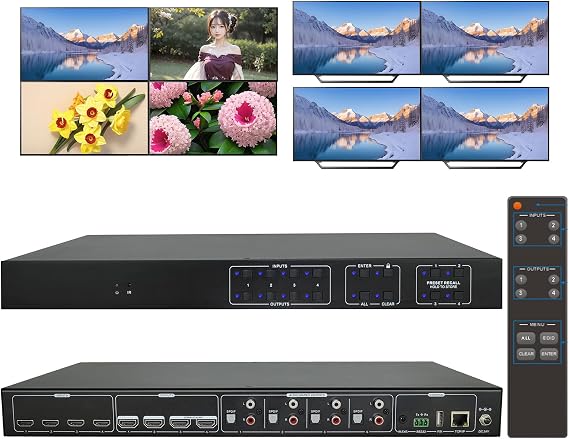 ICUIXIAN HDR 4x4 HDMI Matrix Switch 4K@60Hz-4:4:4, HDR10, HDCP2.2, HDMI2.0, CEC, 18Gbps, EDID, Web GUI, RS232 Control, Rackmount HDMI matrix 4x4 with Audio Output, RCAAOC, 4 Groups of SPDIF
