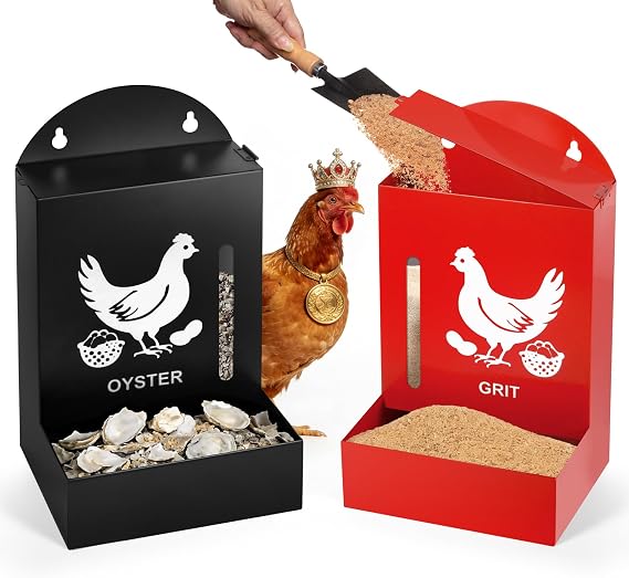 Chicken Oyster Shell and Grit Feeder, 2pcs Poultry Feeder Metal Gravity Hanging Chicken Feeders Chick Grit Oyster Shells Coop Accessories