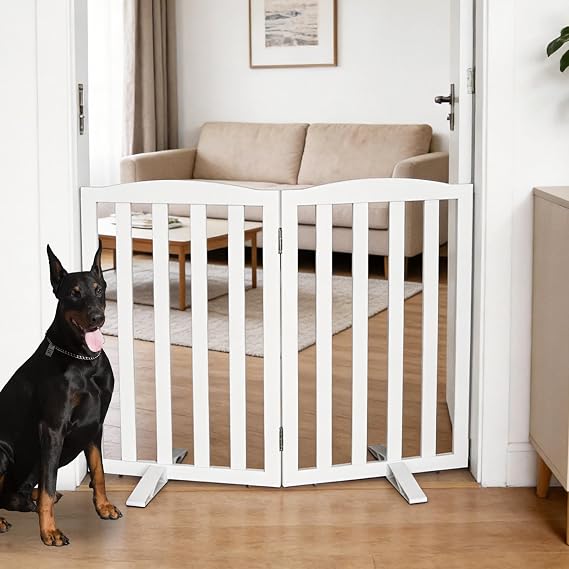 Freestanding Dog Gate Indoor, Doggie Gate Foldable Dog Gates for Doorways,Stairs or Hallways, Wooden White Pet Gate for the House,Pet Fence with Support Feet Included, 32 "Height-2 Panels