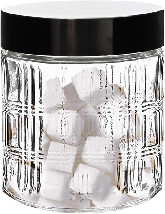 Medallion Small Round Canister- Glass Jar Chic Design w/Airtight Metal Lid for Cookies, Candy, Coffee, Flour, Sugar, Rice, Pasta, Cereal & More, 30 oz