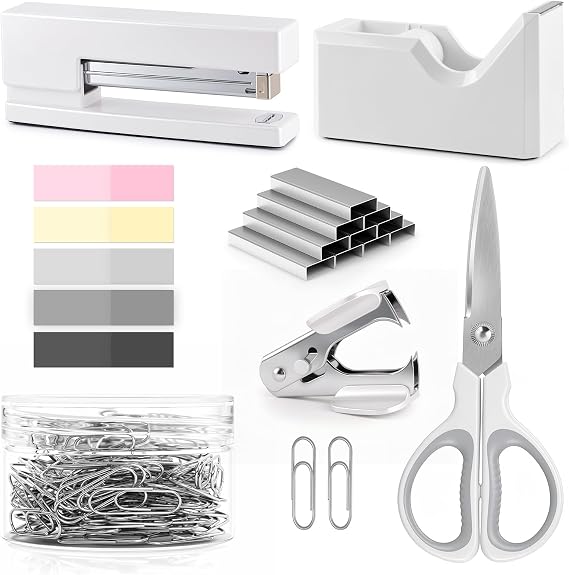 White Office Supplies for Kids, White Desk Office Supplies and Accessories for Kids, Stapler and Tape Dispenser Set for Women, Office Gift for Women, Office Lady, Coworkers, Office Clerks, Kids