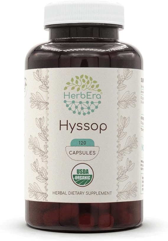 HerbEra Hyssop USDA Organic 120 Capsules | Natural Herbal Supplement | Certified Organic Vegetarian Capsules and Organic Hyssop (Hyssopus officinalis) Dried Herb (120 Capsules)