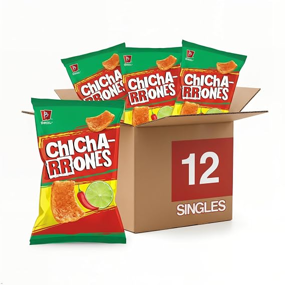 Barcel Chicharrones 12 ct, 2.5 oz Sharing Size Case, Chili Pepper & Lime Flavored Puffed Wheat Snack