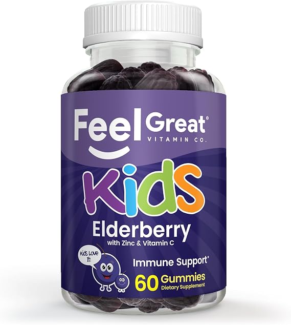 Feel Great Kids Elderberry Gummies with Zinc and Vitamin C | Immune Support Sambucus Elderberry | Berry Flavored Vegan Kids Multivitamins | 60 Day Supply