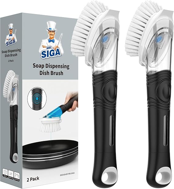 MR.SIGA Soap Dispensing Dish Brush, Kitchen Brush for Pot Pan Sink, 2 Pack