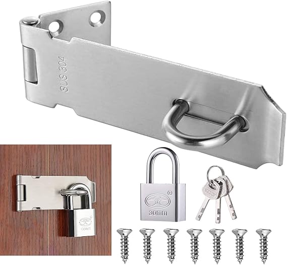 Door Latch Hasp with Door Padlock and Screws, Door Latches for Internal Door, Nondeformable Gate Lock, Stainless Steel Shed Lock for Garden Gate Wooden Gate Bedroom Door Cabinet