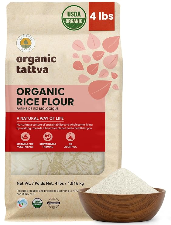 Organic Tattva White Rice Flour, 4 lbs, Fine Rice Flour, USDA Certified | Natural Earthy Flavor, Plant Based, Vegan, Kosher, No Additives, Great for Flatbread, Crepes, Batters, Baking & Cooking