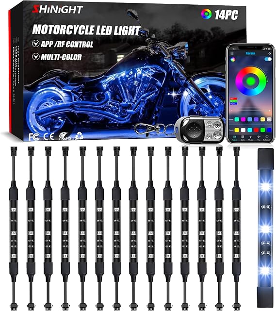 SHINIGHT 14 Pcs Motorcycle LED Light Kits, App Control Multicolor Waterproof Motorcycle LED Strip Lights with RF Remote, Music Sync & Multiple Scene Modes RGB LED Lights for Motorcycles