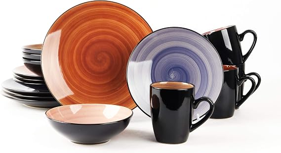 16-Piece Dinnerware Set - Serves 4, Black and Speckled Purple Plates & Bowls Set | Microwave & Dishwasher Safe Mix Cobalt, Mocha, Rose, Spice