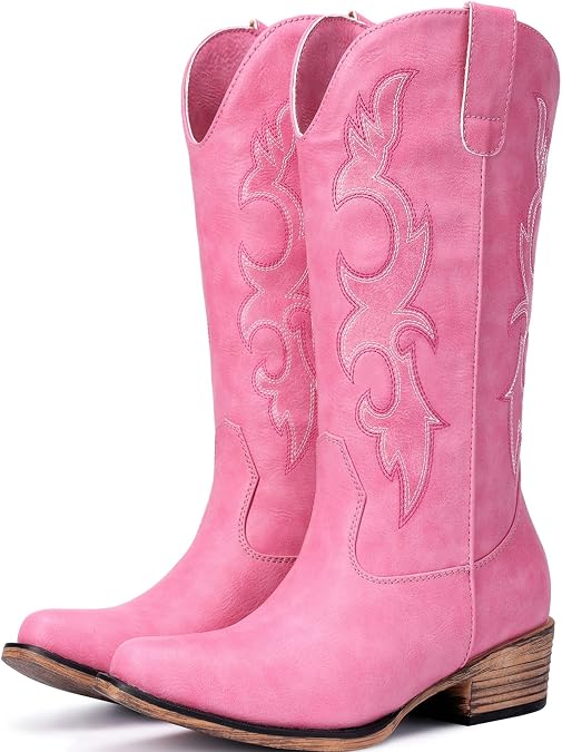 Choiran Cowboy Boots for Women - Mid Calf Cowgirl Boots Western Chunky Heel Pointed Toe Boot with Retro Embroidery, Country Concert Outfit Essentials for Rodeo Festival