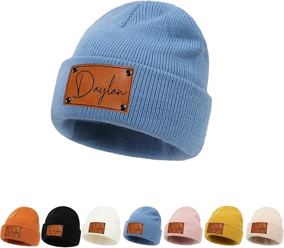 KAINSY Personalized Baby Beanie with Leather Patch, Custom Name Beanie Hat for Toddler Boys Girls, Winter Warm Knit Hat