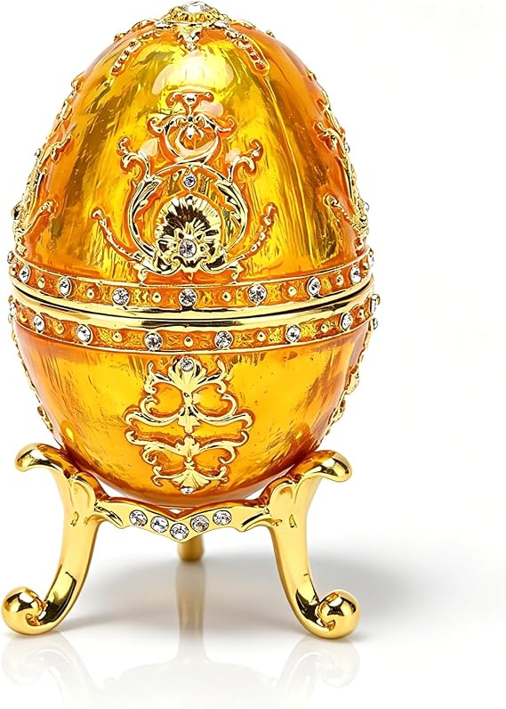 Cyrank Egg Trinket Box, Enamelled Jewelry Trinket Box Hand Painted Baroque Style Pattern Rhinestones Hinged Jewelry Ring Holder Collectible Egg Home Decor(Gold)