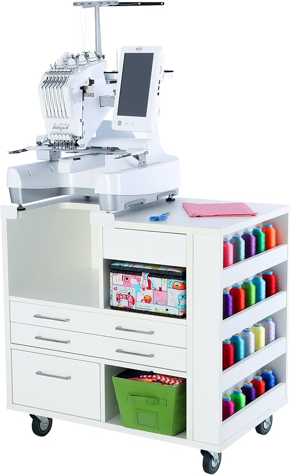 Arrow 9301B Ava Multi-Needle Embroidery Cabinet for Brother & Baby Lock Sewing Machine Stand with Storage & Rolling Casters, White
