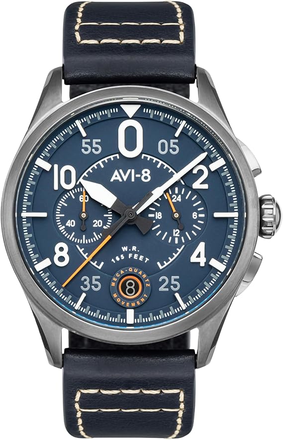 AVI-8 Spitfire Mens Watch - 42mm Stainless Steel Case, Japanese Quartz Movement, Genuine Leather Strap, Watches for Men, Lock Chronograph, Channel Blue - AV-4089-04