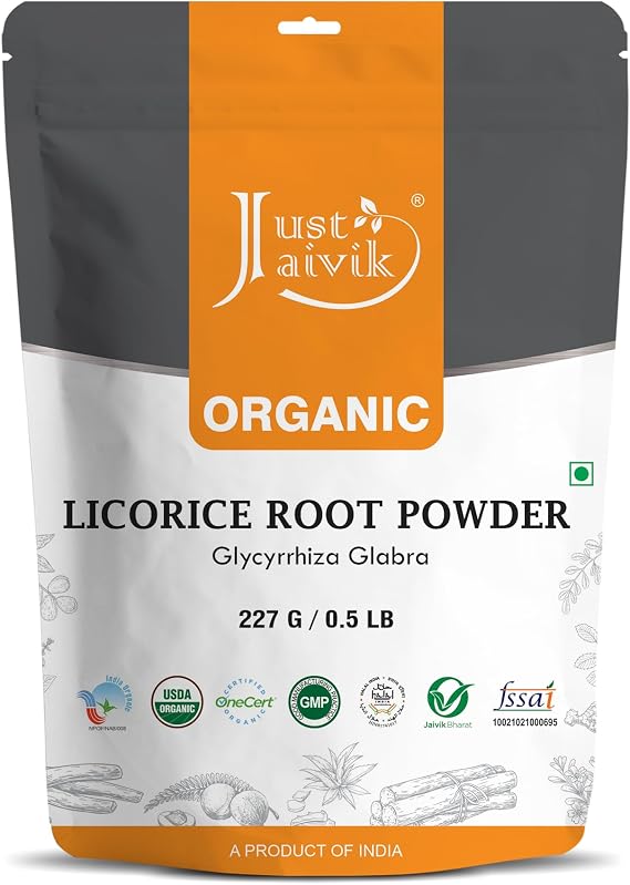 Just Jaivik 100% Organic Licorice Root Powder - 227 gm / 0.5 lb Mulethi | Glycyrrhiza Glabra/Yastimadu | May Enhance Gut, Respiratory & Digestive Wellness | USDA Organic Certified Herb