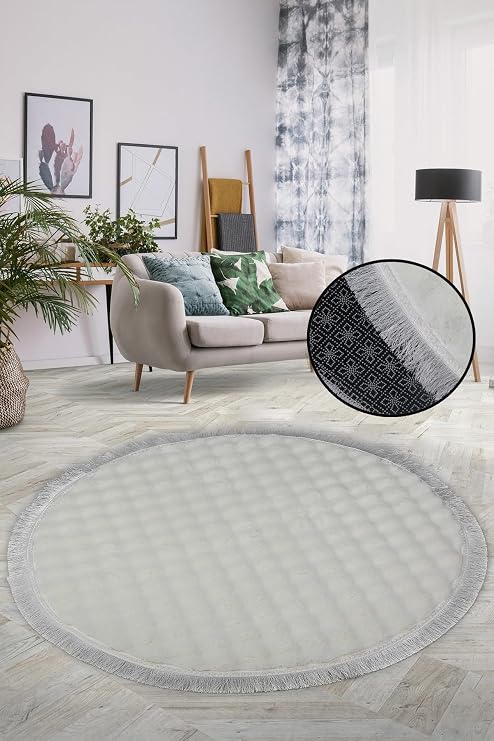 Bubble Krem Yuvarlak Düz Saçaklı Çocuk Odası Halısı, 100x100 cm, Yıkanabilir Kaymaz Püsküllü