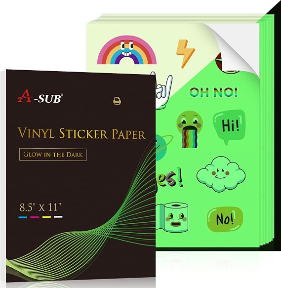 A-SUB Glow in the Dark Vinyl Sticker Paper for Inkjet Printers | Waterproof, Printable, 8.5x11 Inch 5 Sheets