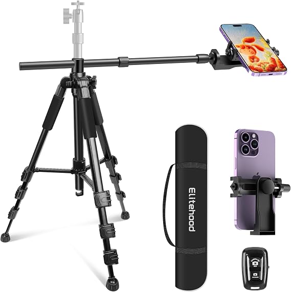Elitehood Ultra-Stable Overhead Tripod for iPhone Heavy Duty Aluminum iPhone Tripod Stand, 360Adjustable & 25in Horizontal Long Phone Arm, Tall Phone Holder Stand Mount for Recording