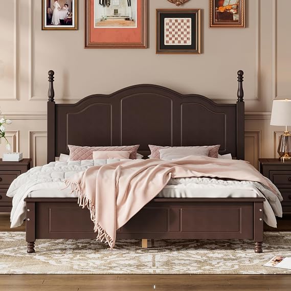 Vintage Wood Bed Frame Queen Size with Headboard,Walnut Platform Bed