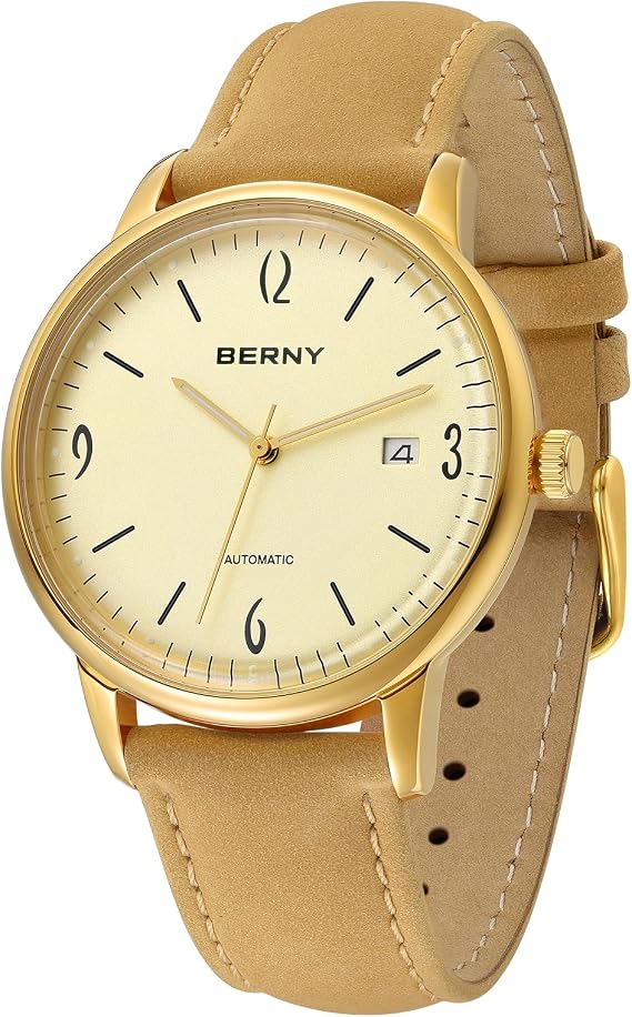 BERNY Mens Watches Men Watches Men Mechanical Watches Soleil Dial Calendar 5ATM Water Resistant Men Dress Watch Hand Wind Wrist Watch, gold