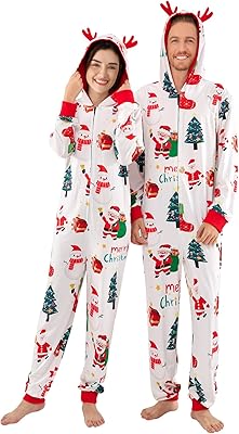 Matching Couple Pajamas Christmas Pajamas for Women Mens Adult Pjs Xmas One Piece Sleepwear Hooded Zipper Jumpsuit