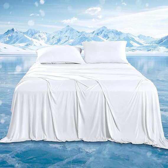DOWNCOOL 4-Piece Cooling Sheet Set King Size, Cooling Bed Sheets for Hot Sleepers and Night Sweats, Q-Max>0.4, Soft & Breathable Summer Bedding Sheets, Deep Pocket Up to 15", White