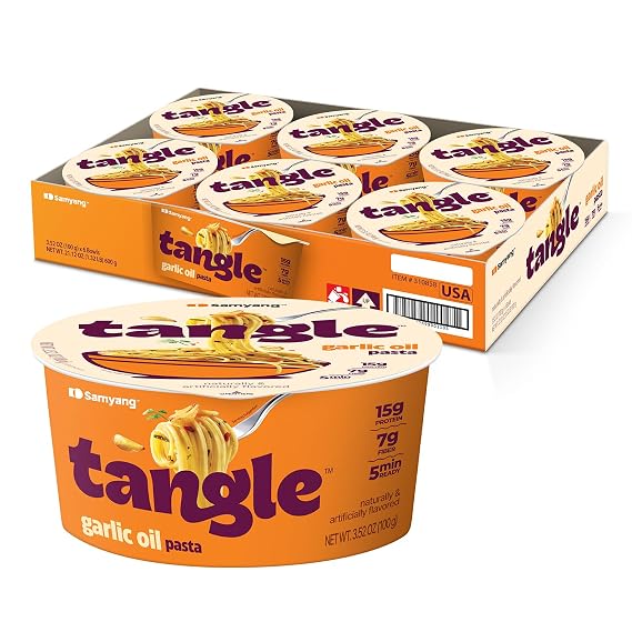 Tangle Garlic Oil Instant Pasta Bowl, 15g Protein Spaghetti, 7g Fiber 6pk